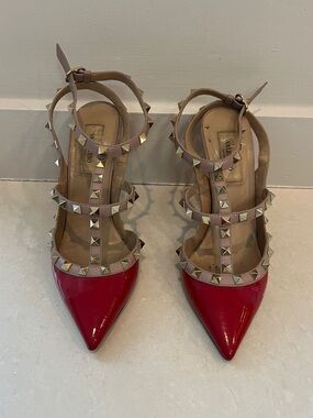 Valentino Garavani Red Patent and Nude Rockstud T-Strap Pumps